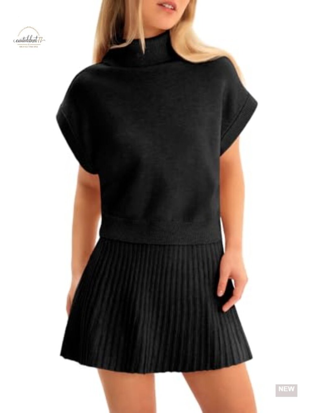 2 Piece Sweater Skirt Set Pleated Knit Turtleneck Casual Travel Outfit